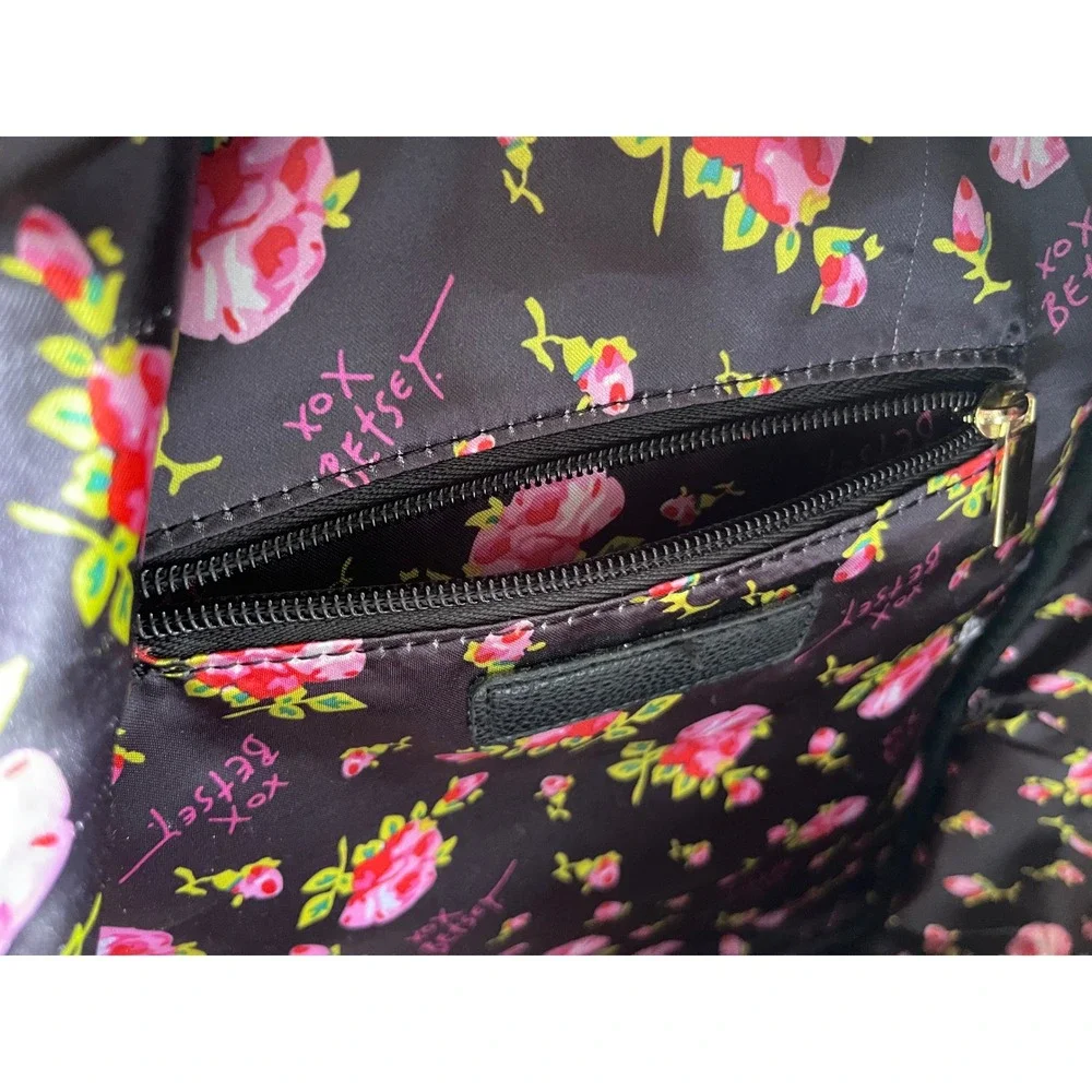Betsey Johnson Mini Backpack Black White Striped Pink Heart inside Floral EUC